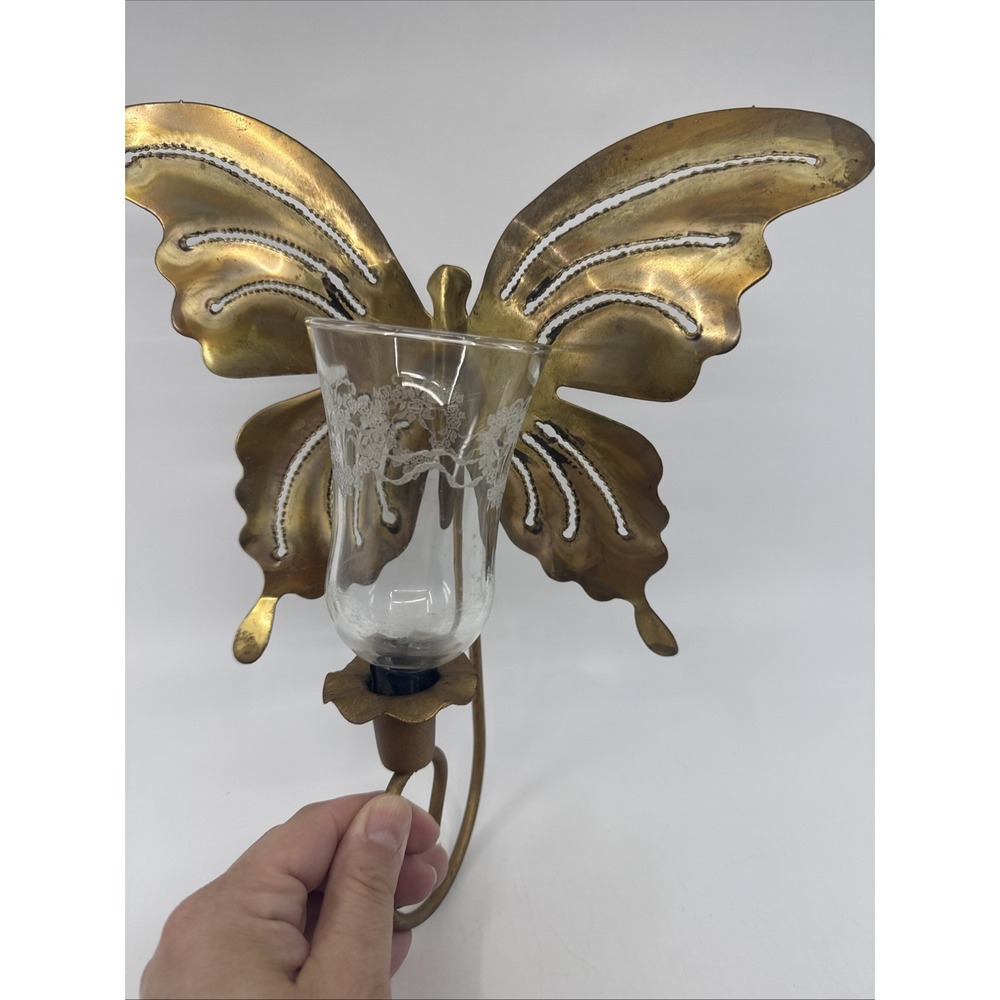 Vintage Metal Butterfly Wall Sconce Taper Or Glass Votive 12"